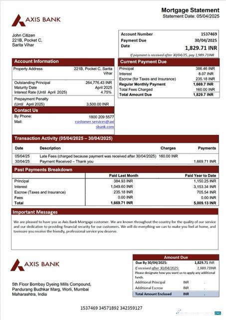 Download India Axis Bank mortgage statement Word and PDF template Photoshop template
